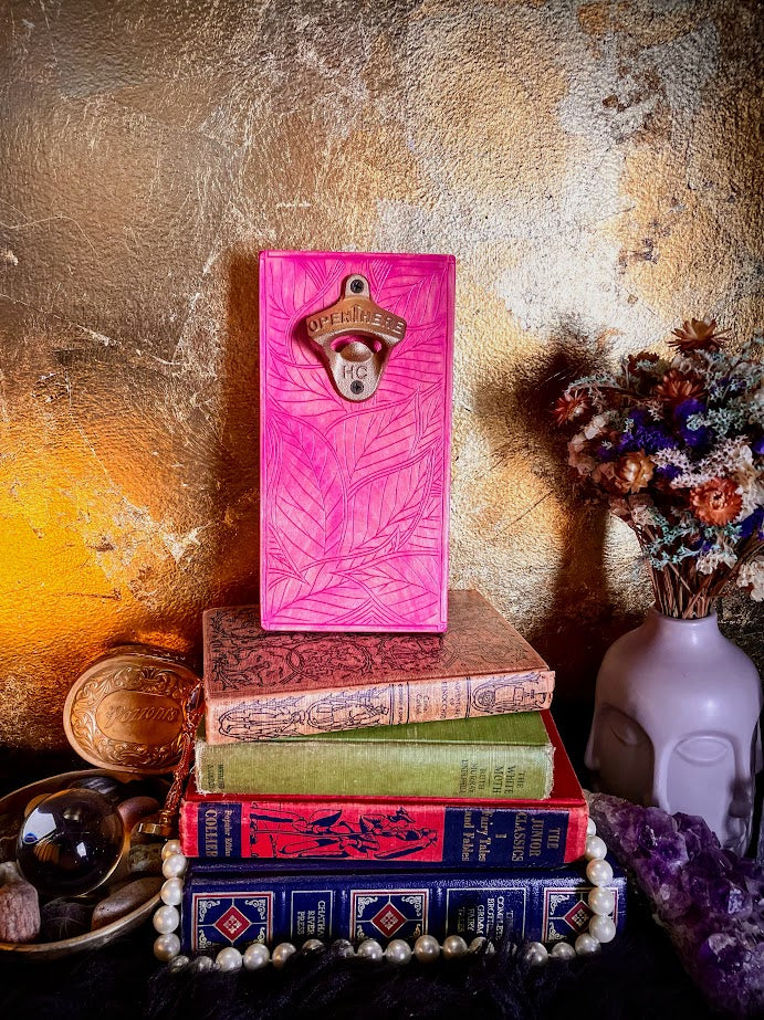 Pink Leaves Magnetic Wall Mount Bottle Opener