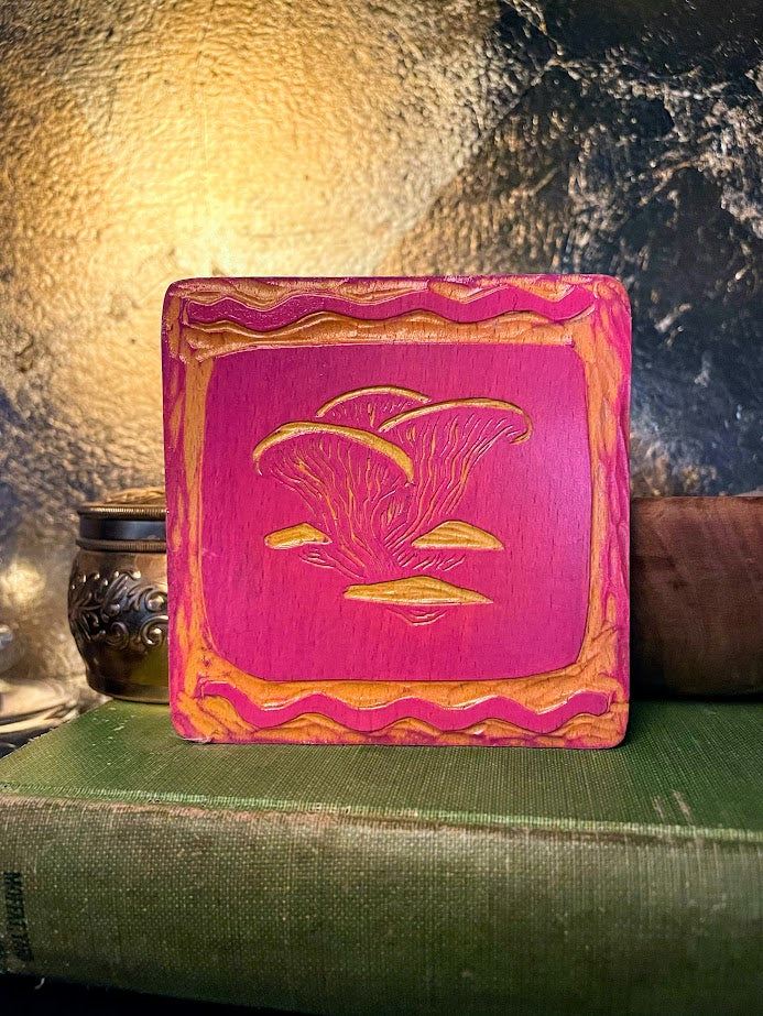 Pink and Yellow Oyster Mushrooms Wood Coaster
