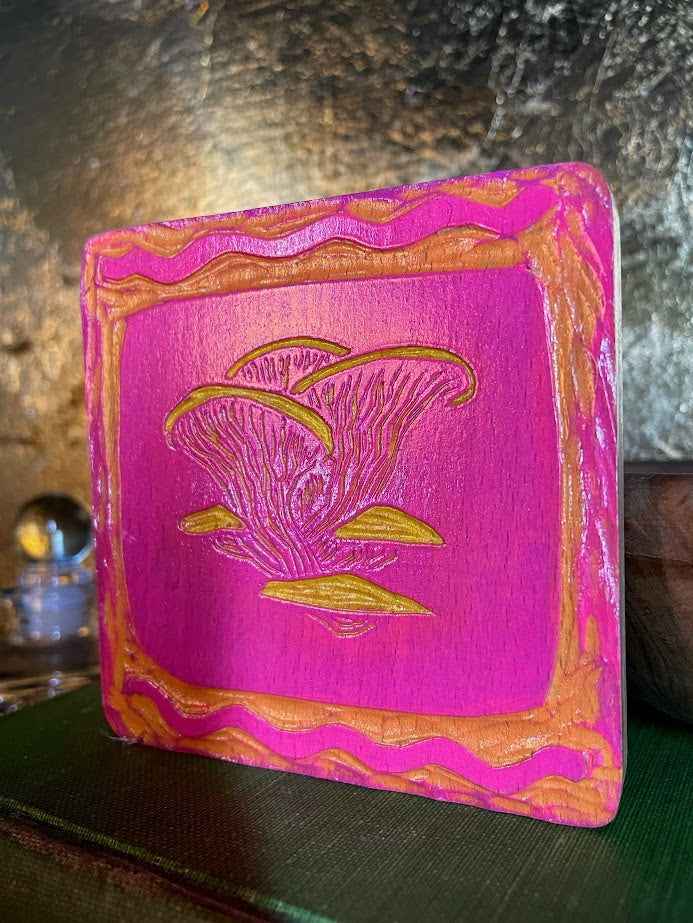 Pink and Yellow Oyster Mushrooms Wood Coaster