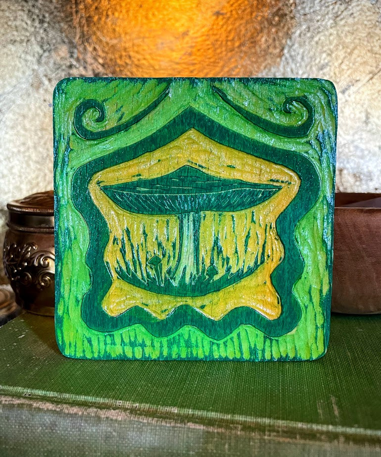 Green Mushroom Wood Coaster