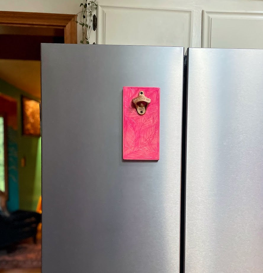 Pink Leaves Magnetic Wall Mount Bottle Opener