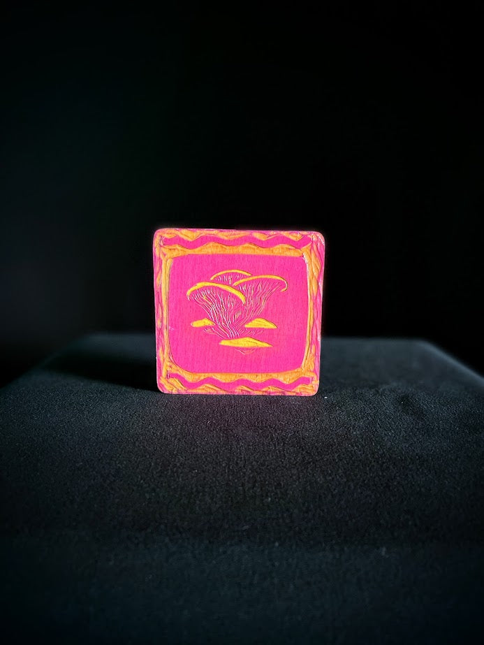 Pink and Yellow Oyster Mushrooms Wood Coaster