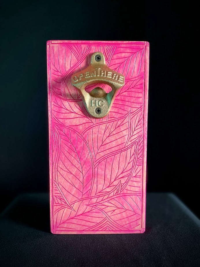 Pink Leaves Magnetic Wall Mount Bottle Opener
